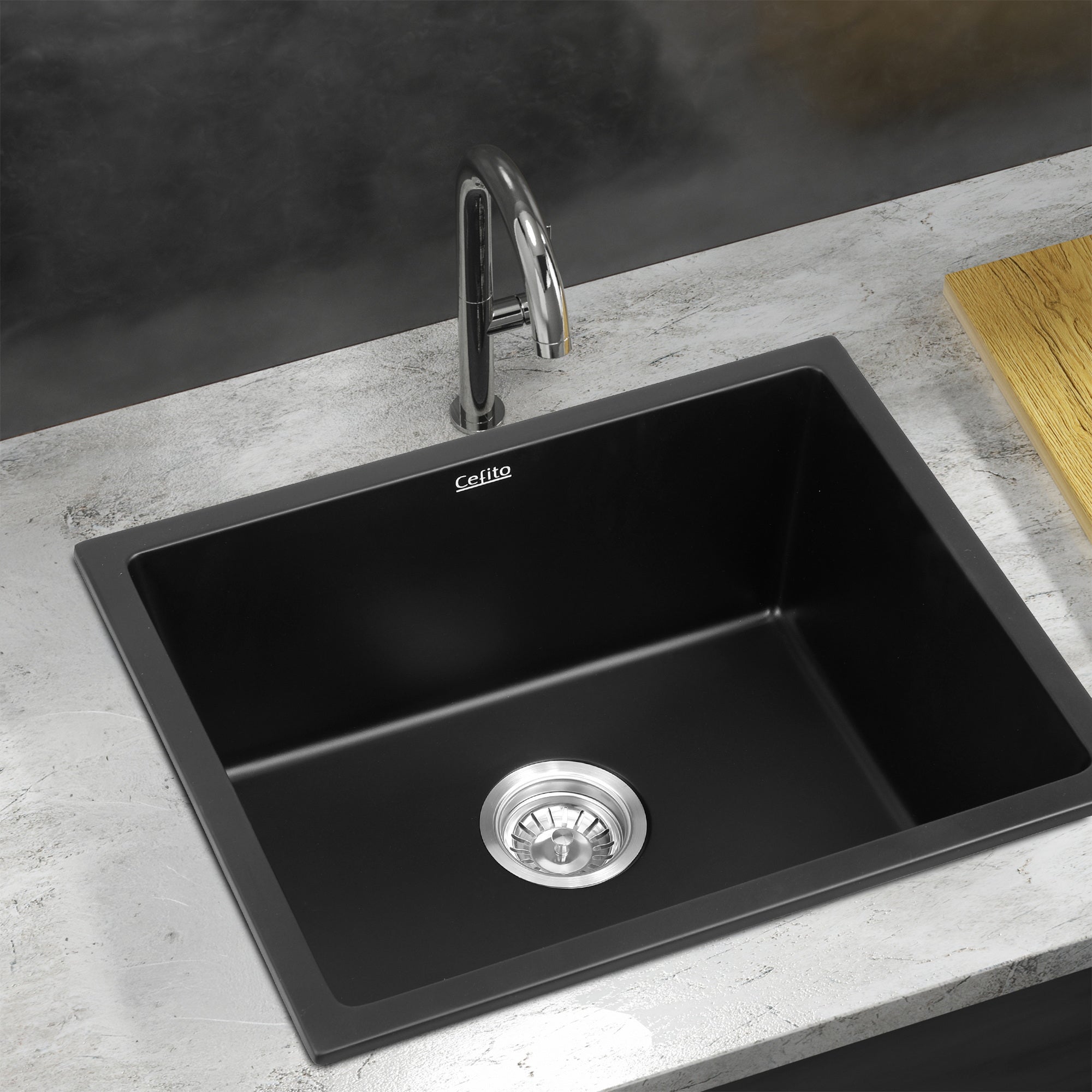 Kitchen Sink 55x45cm Granite Stone Sink Single Bowl Black - Furniture > Bathroom > Sinks - Rivercity House & Home Co. (ABN 18 642 972 209) - Affordable Modern Furniture Australia