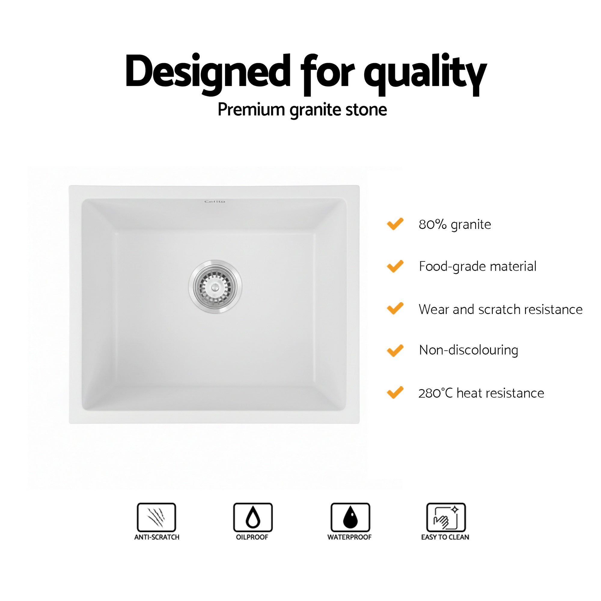 Kitchen Sink 55x45cm Granite Stone Sink Single Bowl White - Furniture > Bathroom > Sinks - Rivercity House & Home Co. (ABN 18 642 972 209) - Affordable Modern Furniture Australia