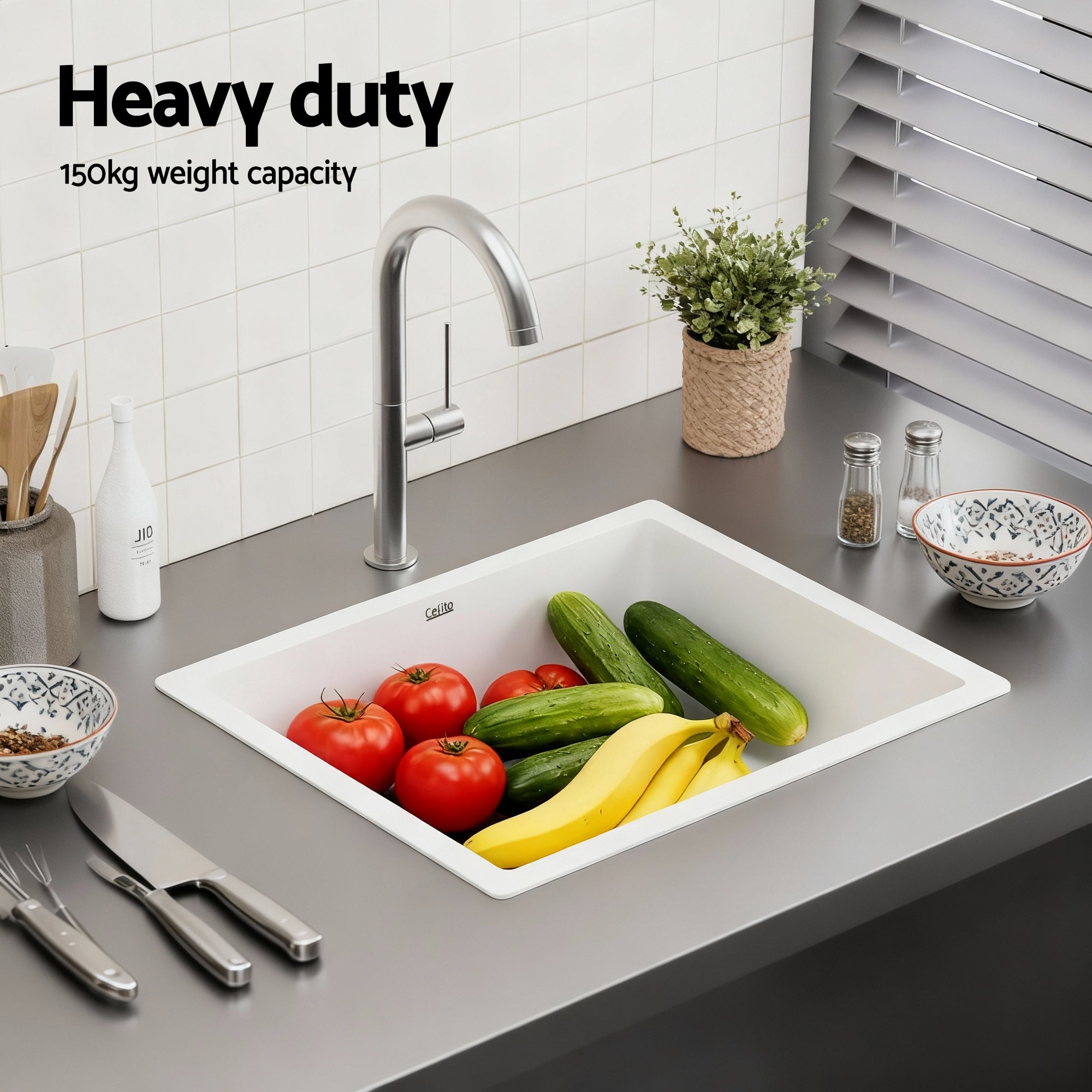 Kitchen Sink 55x45cm Granite Stone Sink Single Bowl White - Furniture > Bathroom > Sinks - Rivercity House & Home Co. (ABN 18 642 972 209) - Affordable Modern Furniture Australia
