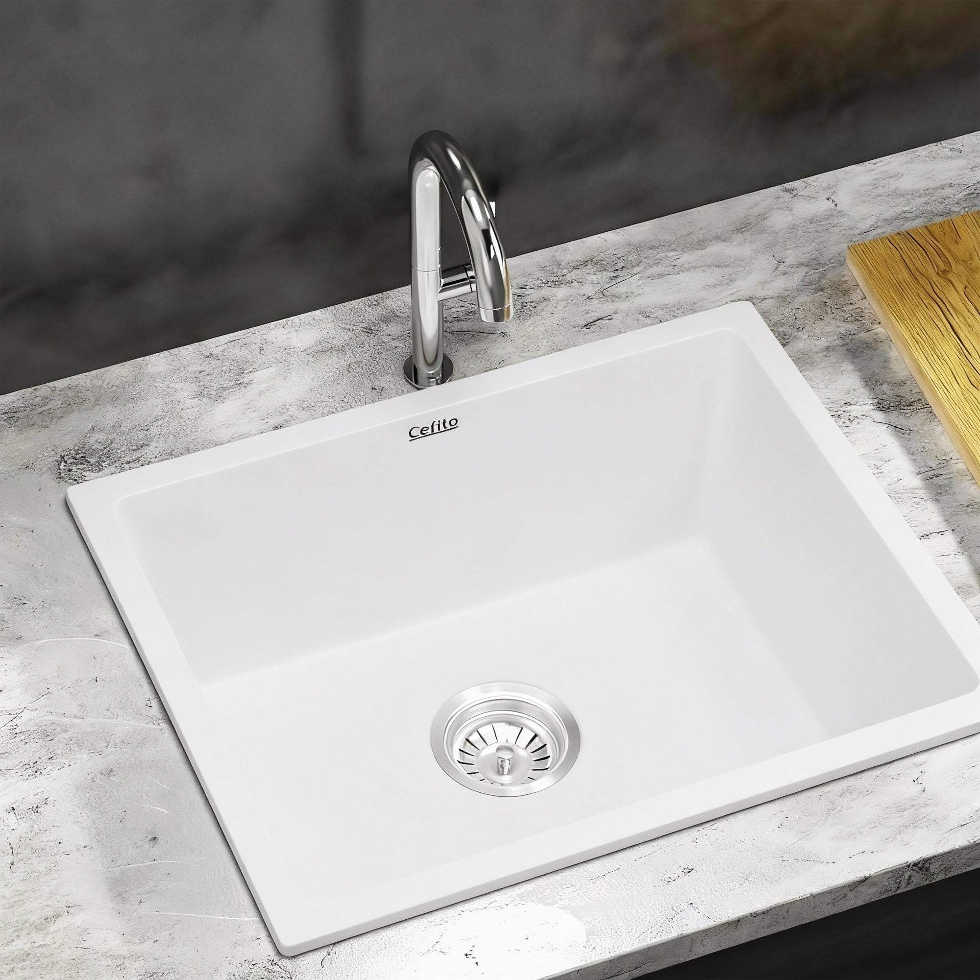 Kitchen Sink 55x45cm Granite Stone Sink Single Bowl White - Furniture > Bathroom > Sinks - Rivercity House & Home Co. (ABN 18 642 972 209) - Affordable Modern Furniture Australia