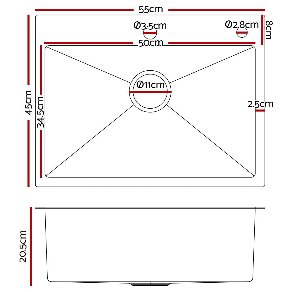 Kitchen Sink 55X45CM Stainless Steel Basin Single Bowl Extra Hole Silver - Furniture > Dining > Kitchen Sinks - Rivercity House & Home Co. (ABN 18 642 972 209) - Affordable Modern Furniture Australia