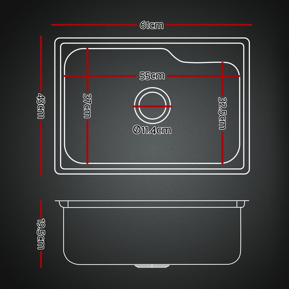 Kitchen Sink 61X43CM Stainless Steel Basin Single Bowl Black Drain Basket - Furniture > Dining > Kitchen Sinks - Rivercity House & Home Co. (ABN 18 642 972 209) - Affordable Modern Furniture Australia