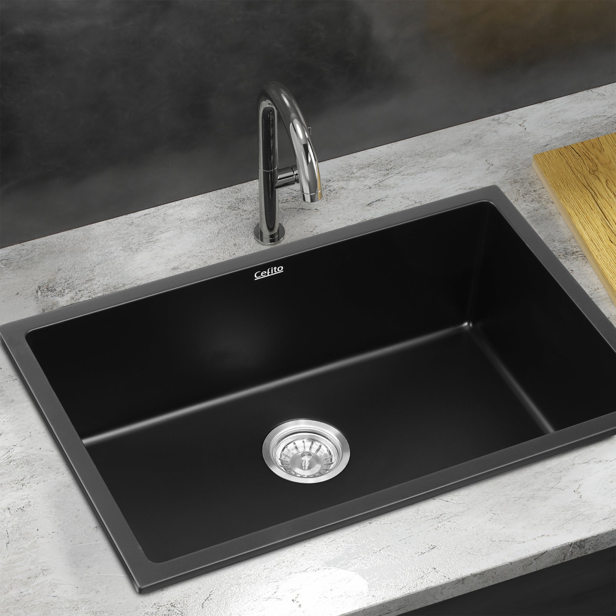Kitchen Sink 70x45cm Granite Stone Sink Single Bowl Black - Furniture > Bathroom > Sinks - Rivercity House & Home Co. (ABN 18 642 972 209) - Affordable Modern Furniture Australia