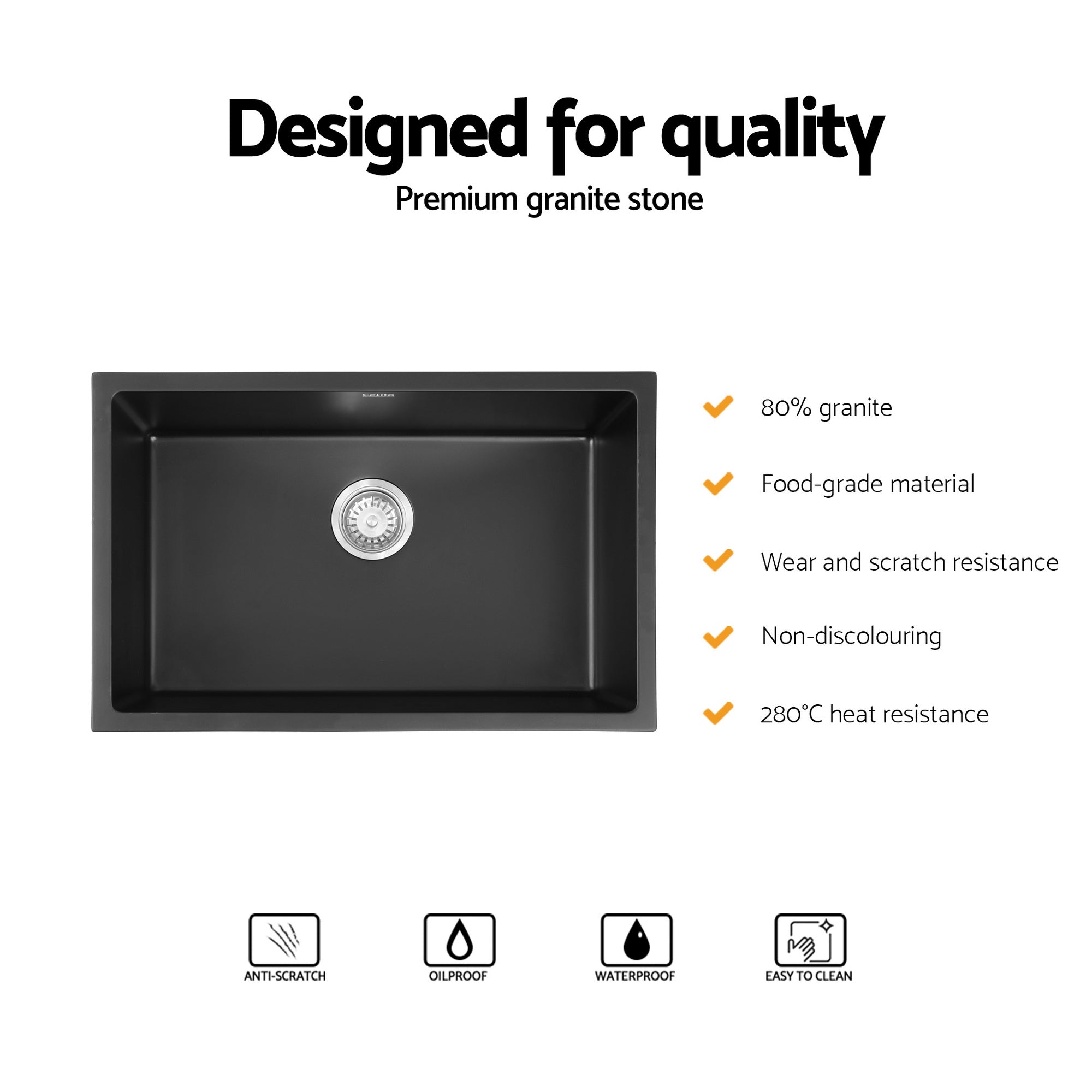 Kitchen Sink 70x45cm Granite Stone Sink Single Bowl Black - Furniture > Bathroom > Sinks - Rivercity House & Home Co. (ABN 18 642 972 209) - Affordable Modern Furniture Australia