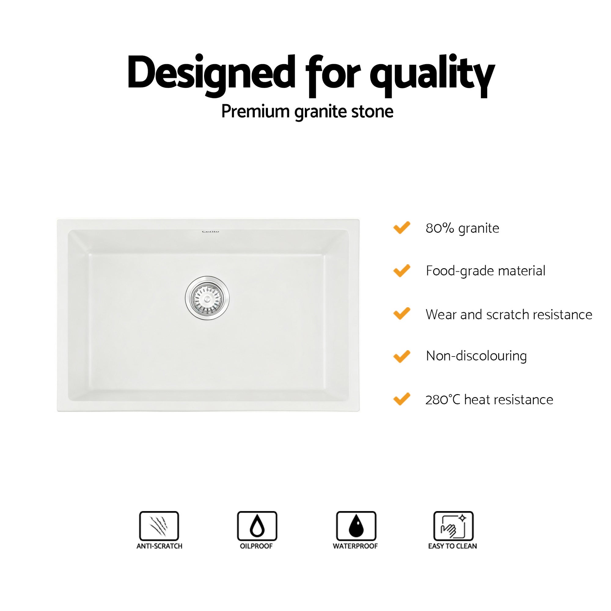 Kitchen Sink 70x45cm Granite Stone Sink Single Bowl White - Furniture > Bathroom > Sinks - Rivercity House & Home Co. (ABN 18 642 972 209) - Affordable Modern Furniture Australia