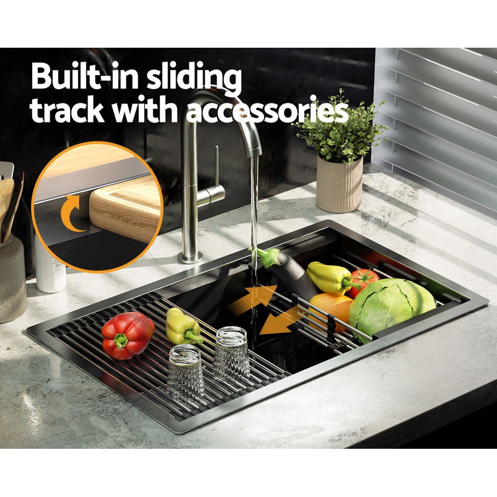 Kitchen Sink 70X45CM Stainless Steel Single Bowl Drain Rack Basket Black - Home & Garden > DIY > Kitchen & Bathroom DIY - Rivercity House & Home Co. (ABN 18 642 972 209) - Affordable Modern Furniture Australia