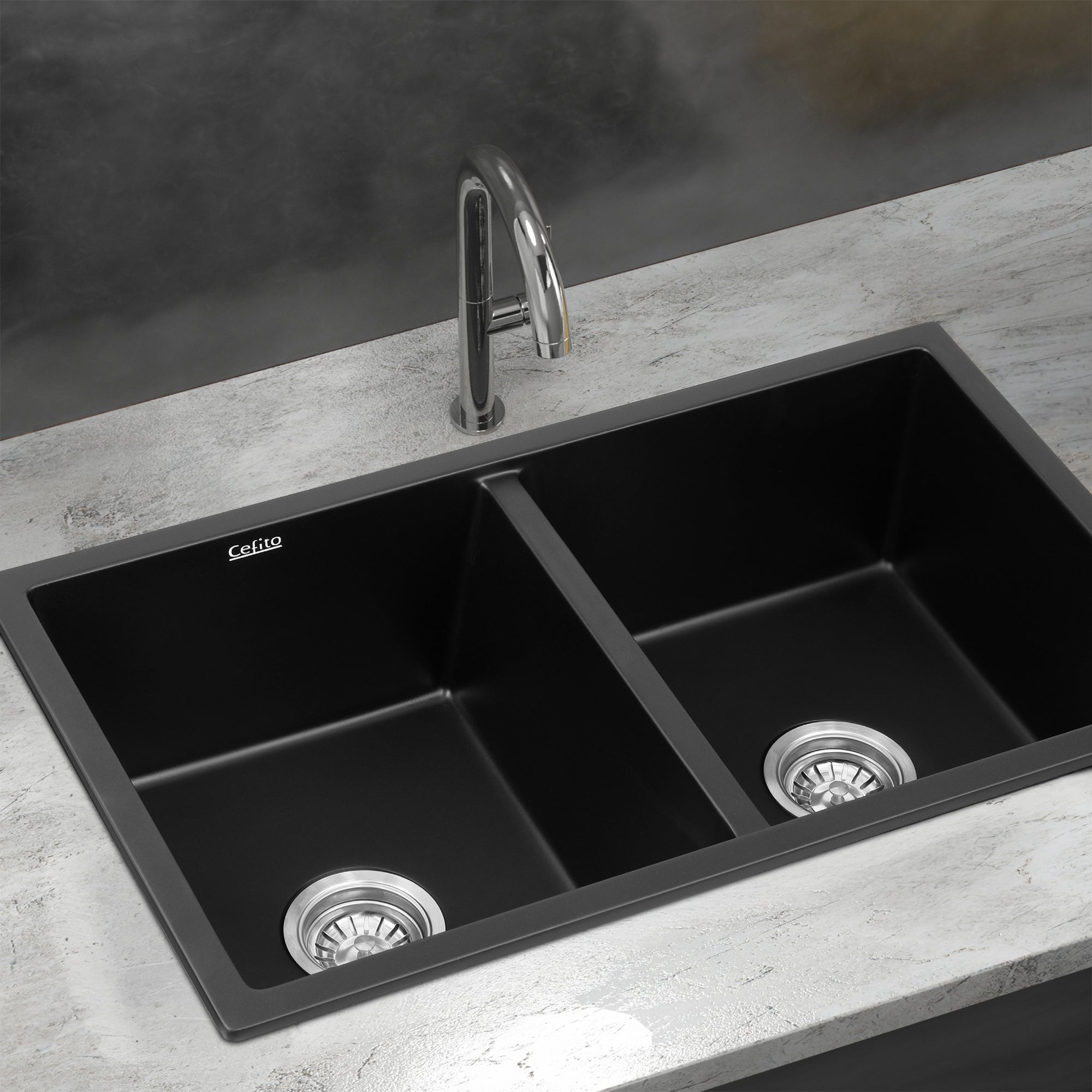 Kitchen Sink 77x45cm Granite Stone Sink Double Bowl Black - Furniture > Bathroom > Sinks - Rivercity House & Home Co. (ABN 18 642 972 209) - Affordable Modern Furniture Australia