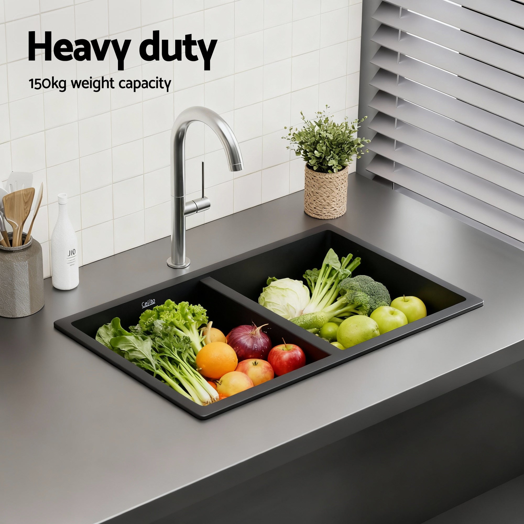 Kitchen Sink 77x45cm Granite Stone Sink Double Bowl Black - Furniture > Bathroom > Sinks - Rivercity House & Home Co. (ABN 18 642 972 209) - Affordable Modern Furniture Australia