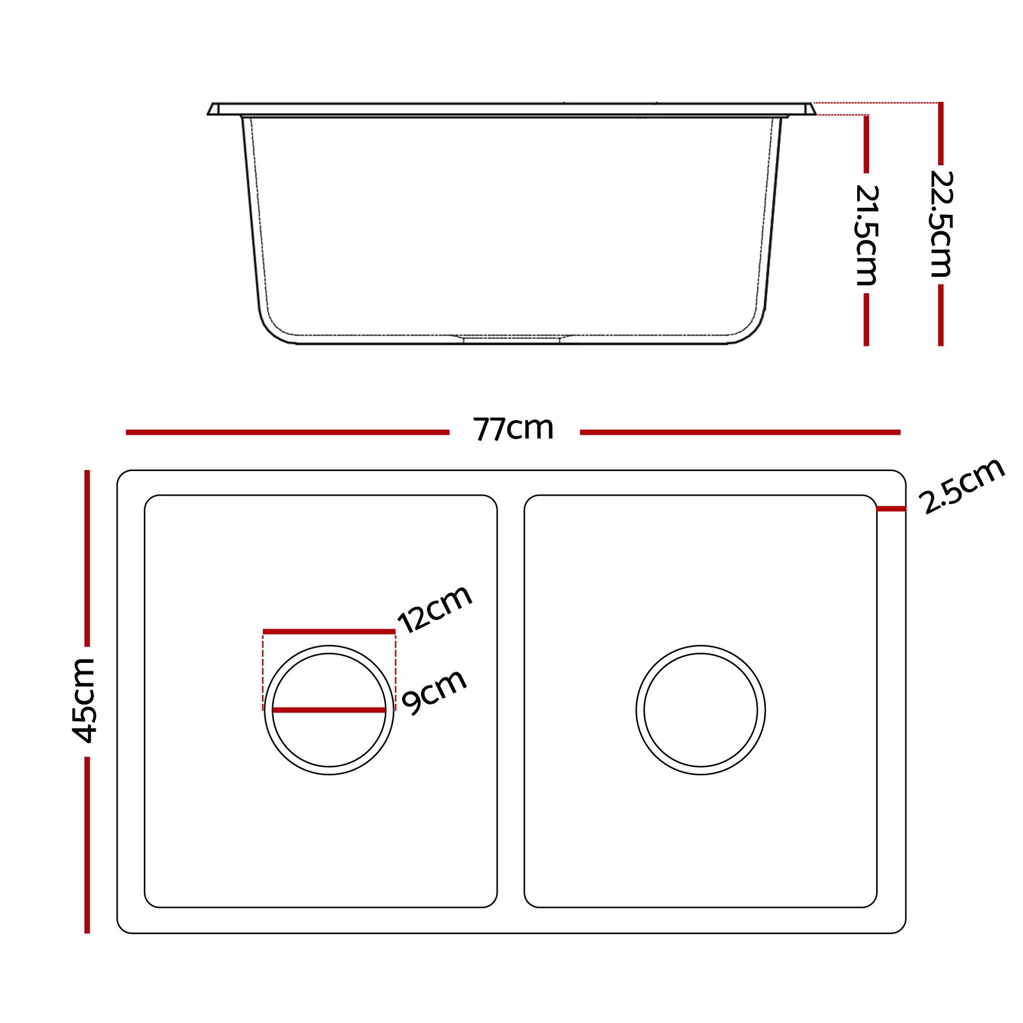Kitchen Sink 77x45cm Granite Stone Sink Double Bowl Black - Furniture > Bathroom > Sinks - Rivercity House & Home Co. (ABN 18 642 972 209) - Affordable Modern Furniture Australia