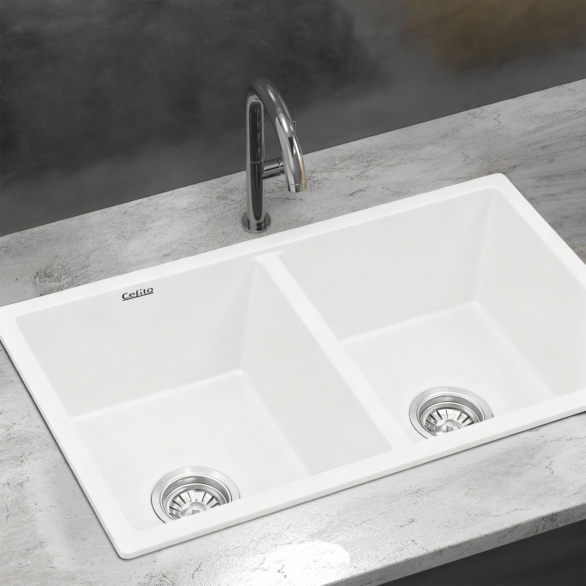 Kitchen Sink 77x45cm Granite Stone Sink Double Bowl White - Furniture > Bathroom > Sinks - Rivercity House & Home Co. (ABN 18 642 972 209) - Affordable Modern Furniture Australia