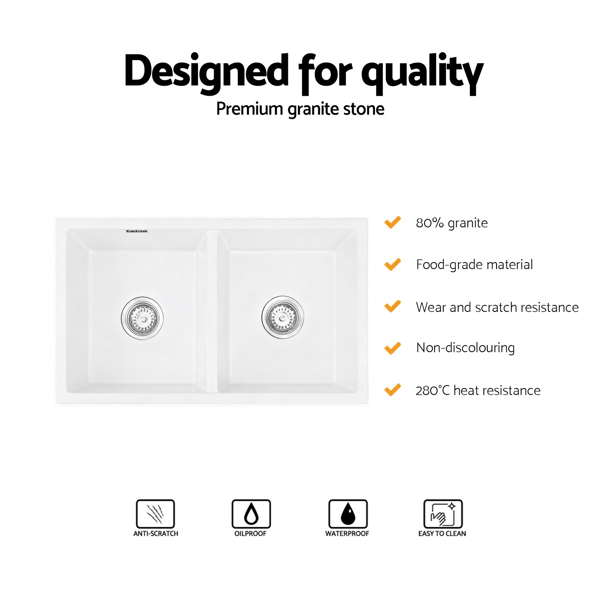 Kitchen Sink 77x45cm Granite Stone Sink Double Bowl White - Furniture > Bathroom > Sinks - Rivercity House & Home Co. (ABN 18 642 972 209) - Affordable Modern Furniture Australia