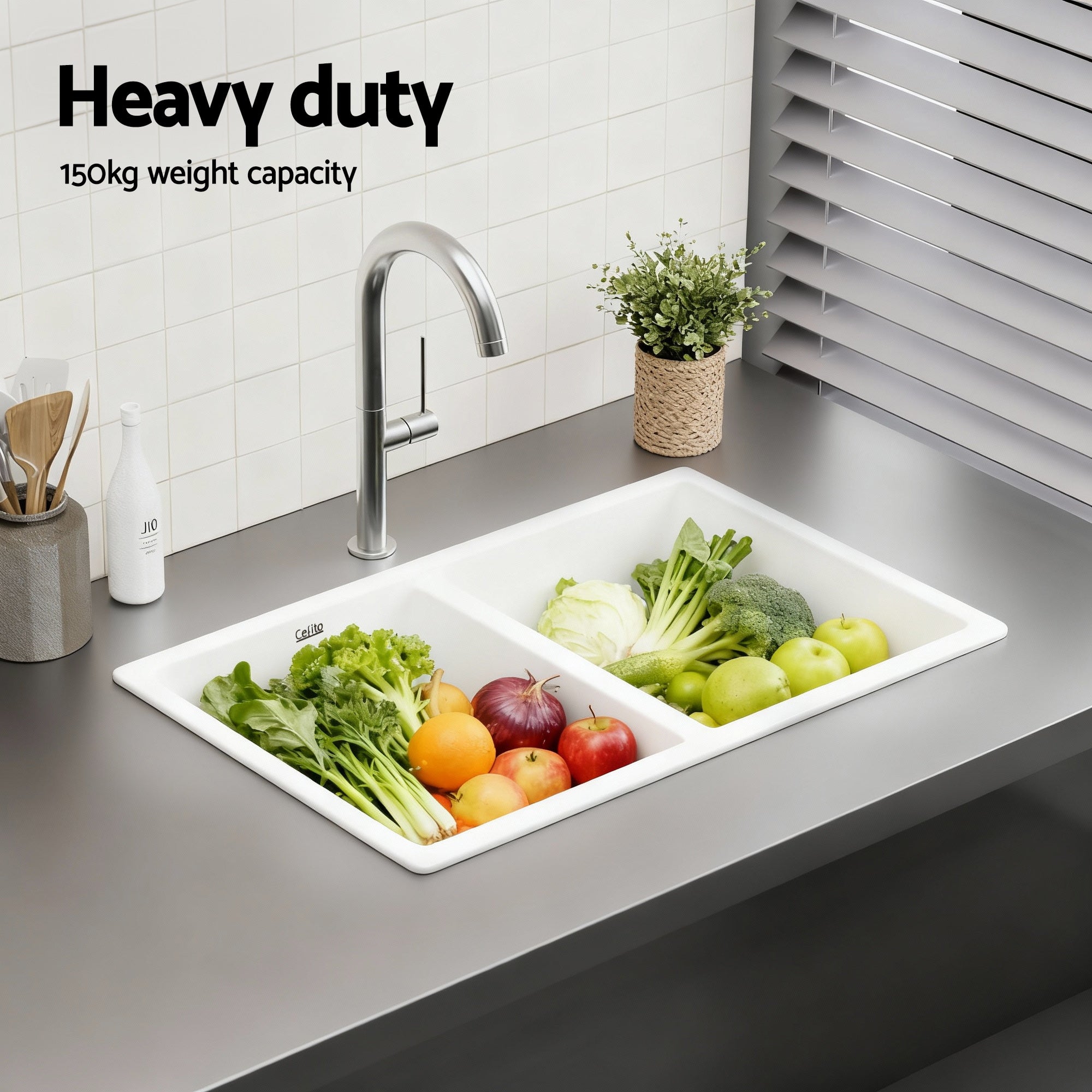 Kitchen Sink 77x45cm Granite Stone Sink Double Bowl White - Furniture > Bathroom > Sinks - Rivercity House & Home Co. (ABN 18 642 972 209) - Affordable Modern Furniture Australia