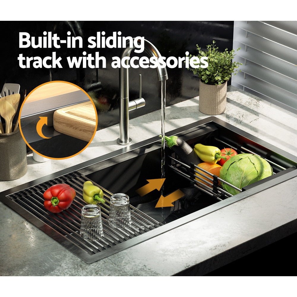 Kitchen Sink 81X45CM Stainless Steel Single Bowl Drain Rack Basket Black - Home & Garden > DIY > Kitchen & Bathroom DIY - Rivercity House & Home Co. (ABN 18 642 972 209) - Affordable Modern Furniture Australia