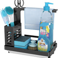 Kitchen Sink Caddy Organiser with Sponge, Soap, Brush Storage, Rag Rack, Drain Tray & Utensil Holder - Black