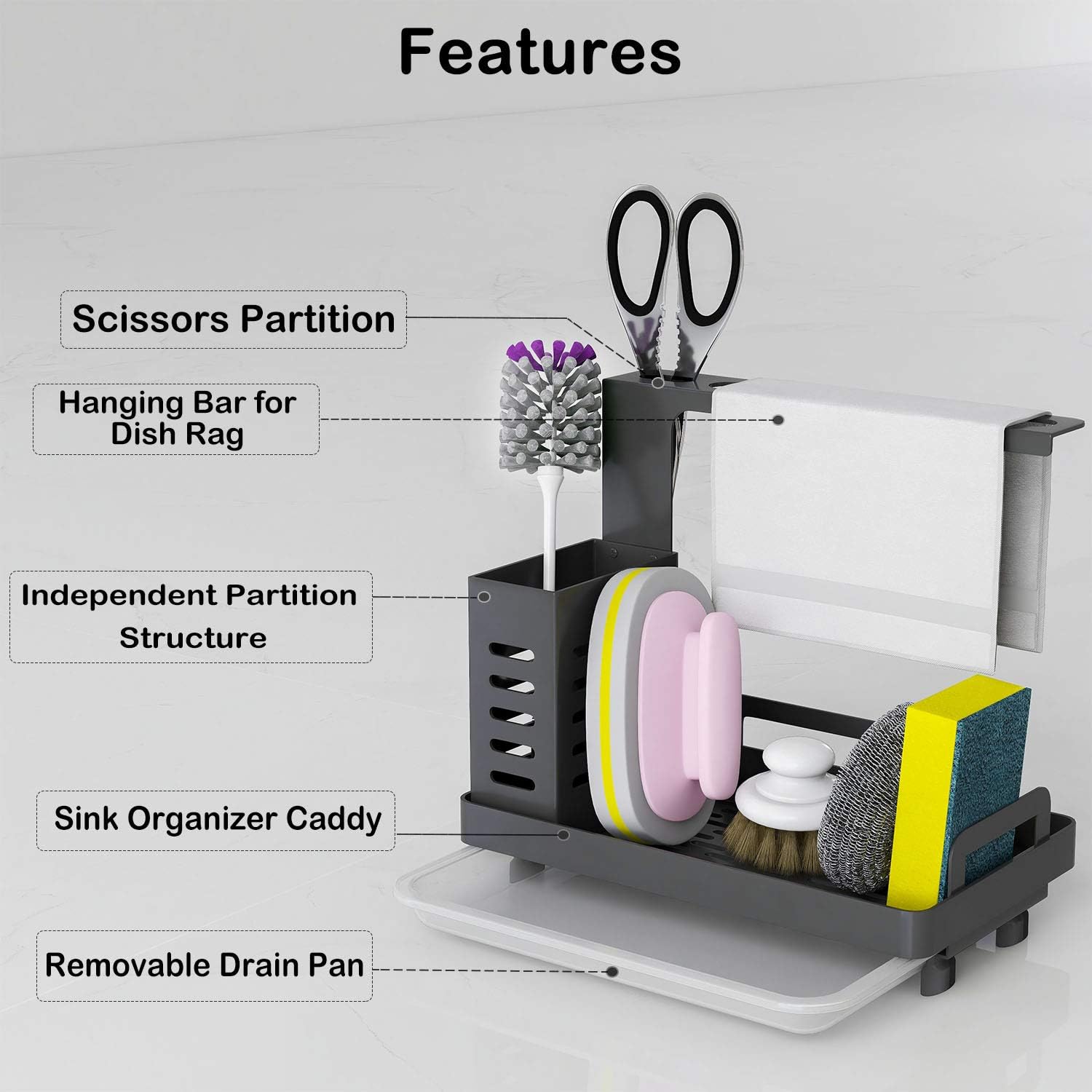 Kitchen Sink Caddy Organizer with Sponge, Soap & Brush Storage and Rag Rack, Drain Tray & Utensil Holder - Home & Garden > Kitchenware > Dish Racks - Rivercity House & Home Co. (ABN 18 642 972 209) - Affordable Modern Furniture Australia