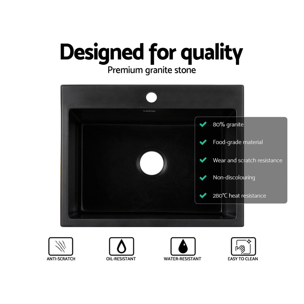 Kitchen Sink Granite Stone Sinks Basin Single Bowl Black 600mmx470mm - Furniture > Bathroom > Sinks - Rivercity House & Home Co. (ABN 18 642 972 209) - Affordable Modern Furniture Australia