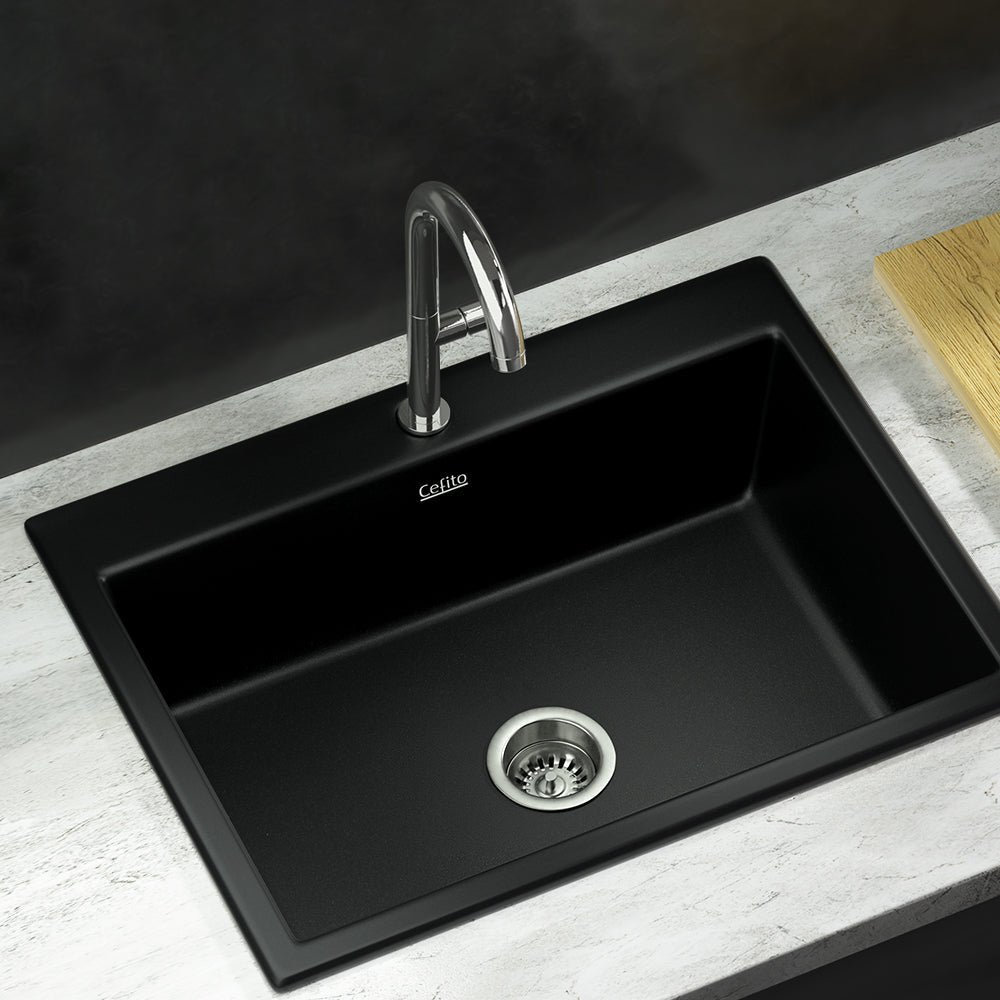 Kitchen Sink Granite Stone Sinks Basin Single Bowl Black 600mmx470mm - Furniture > Bathroom > Sinks - Rivercity House & Home Co. (ABN 18 642 972 209) - Affordable Modern Furniture Australia
