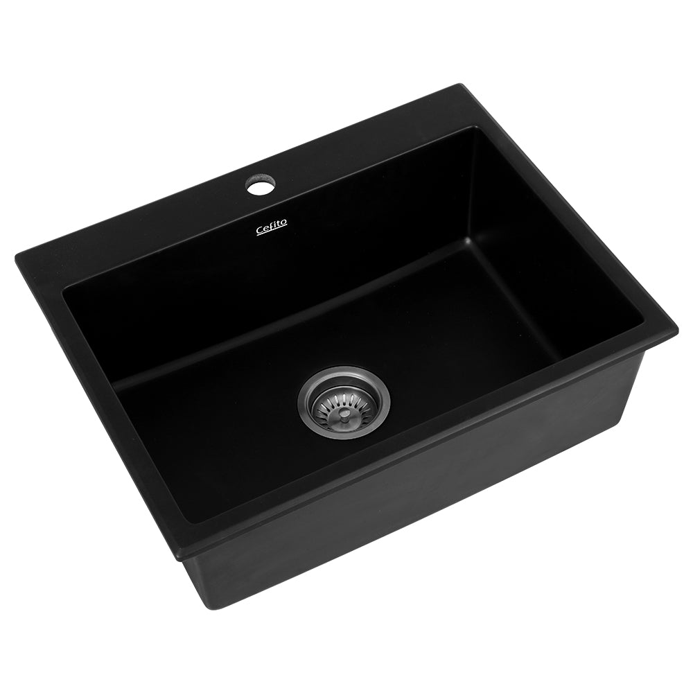 Kitchen Sink Granite Stone Sinks Basin Single Bowl Black 600mmx470mm - Furniture > Bathroom > Sinks - Rivercity House & Home Co. (ABN 18 642 972 209) - Affordable Modern Furniture Australia