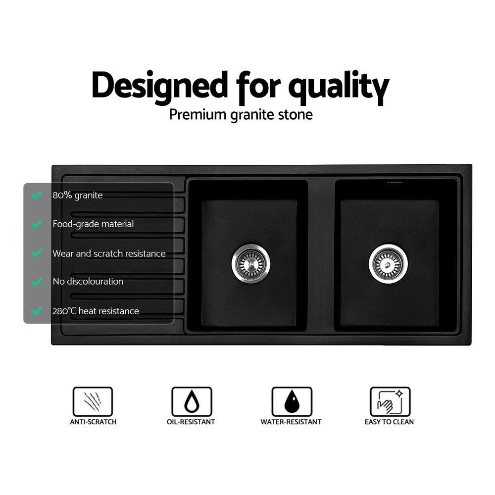 Kitchen Sink Stone Sink Granite Laundry Basin Double Bowl 116x49cm Black - Furniture > Bathroom > Sinks - Rivercity House & Home Co. (ABN 18 642 972 209) - Affordable Modern Furniture Australia