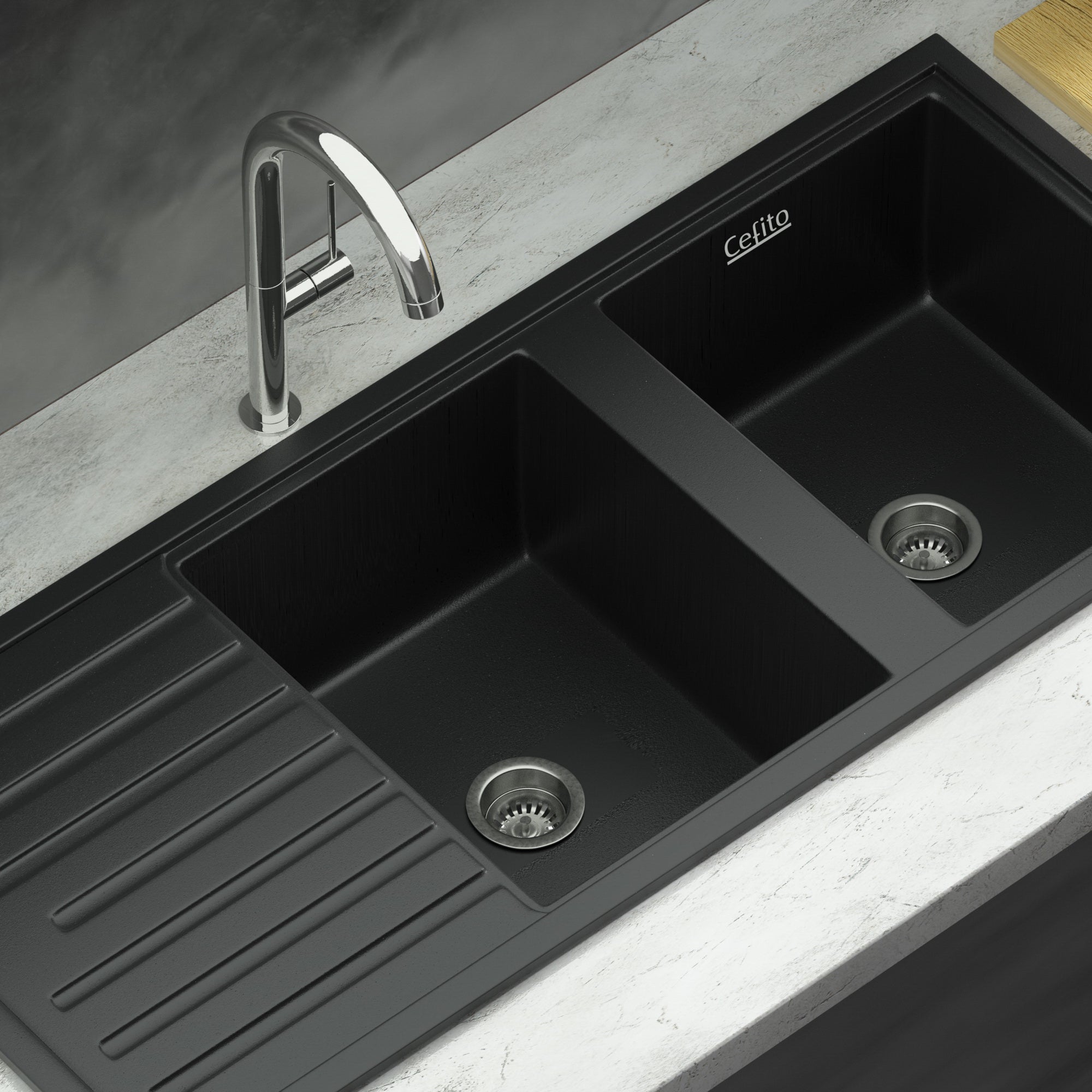 Kitchen Sink Stone Sink Granite Laundry Basin Double Bowl 116x49cm Black - Furniture > Bathroom > Sinks - Rivercity House & Home Co. (ABN 18 642 972 209) - Affordable Modern Furniture Australia