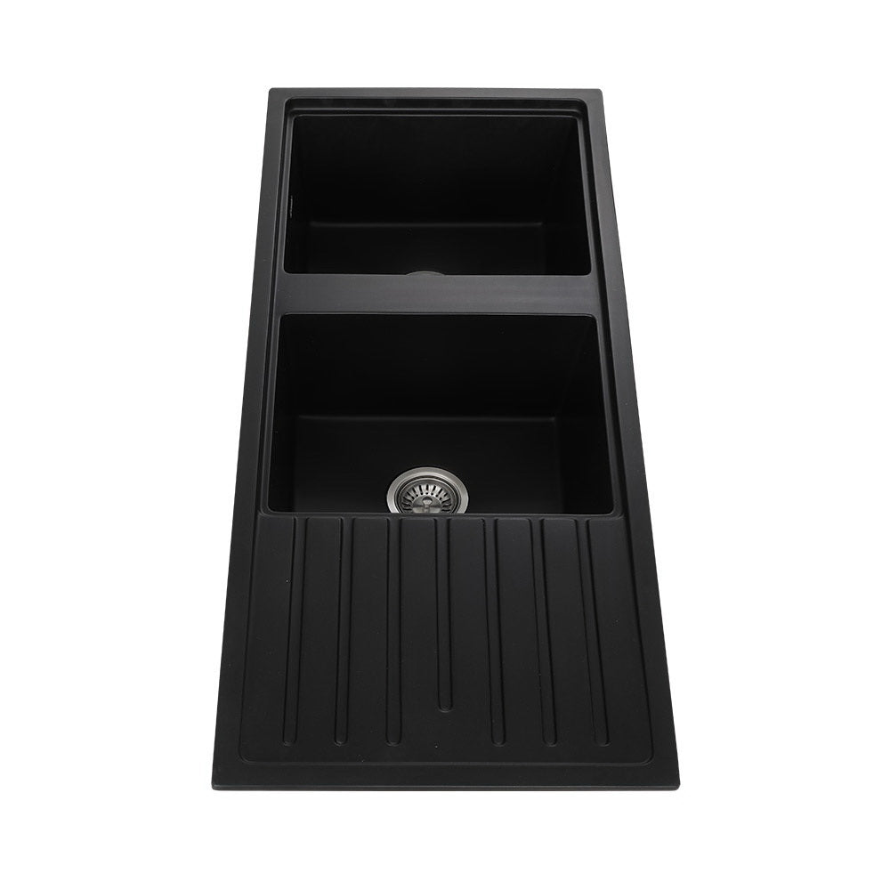 Kitchen Sink Stone Sink Granite Laundry Basin Double Bowl 116x49cm Black - Furniture > Bathroom > Sinks - Rivercity House & Home Co. (ABN 18 642 972 209) - Affordable Modern Furniture Australia