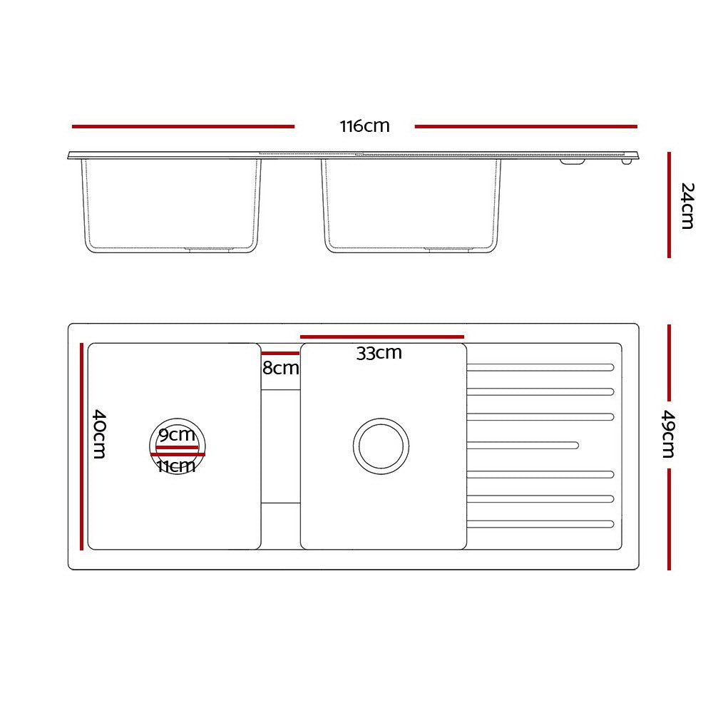 Kitchen Sink Stone Sink Granite Laundry Basin Double Bowl 116x49cm Black - Furniture > Bathroom > Sinks - Rivercity House & Home Co. (ABN 18 642 972 209) - Affordable Modern Furniture Australia