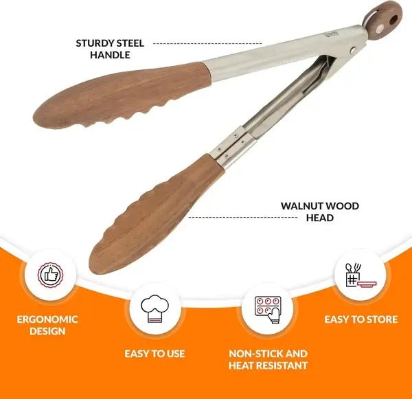 Kitchen Tongs 30 cm with Walnut Wood Tips and Stainless Steel Handles for Cooking, BBQ and Salad Serving - Home & Garden > Kitchenware > Kitchen Utensils - Rivercity House & Home Co. (ABN 18 642 972 209) - Affordable Modern Furniture Australia