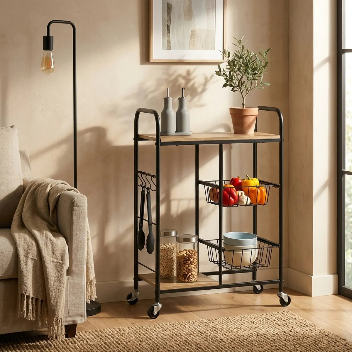 Kitchen Trolley Cart with Wire Baskets Rustic Steel Rolling Cart - Brown - Furniture > Dining > Kitchen & Dining Trolleys - Rivercity House & Home Co. (ABN 18 642 972 209) - Affordable Modern Furniture Australia