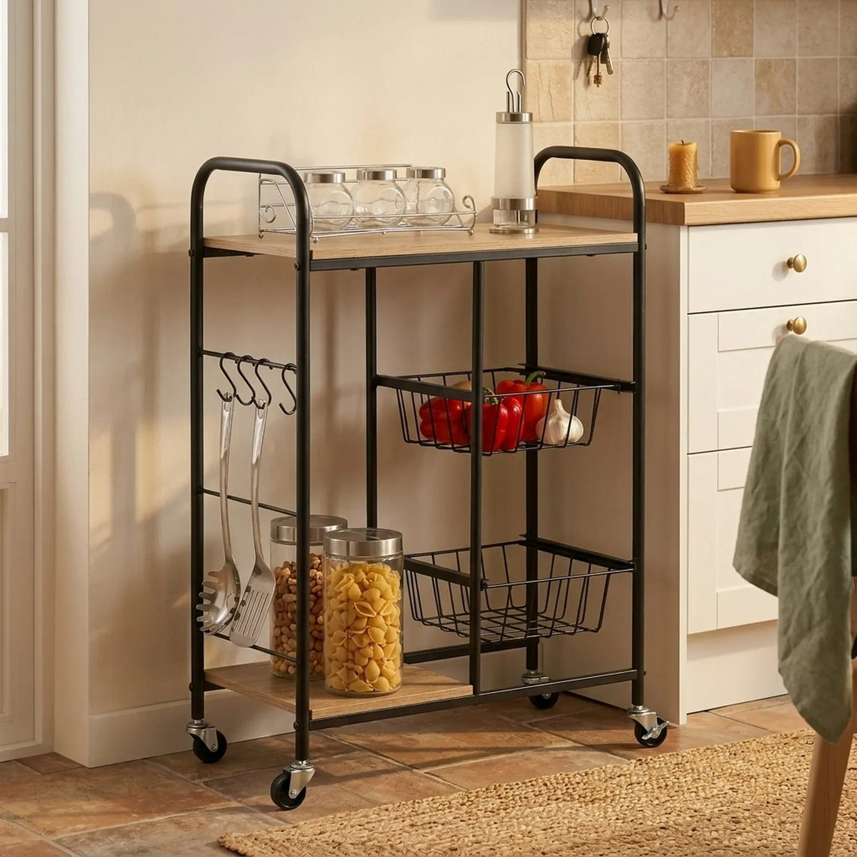 Kitchen Trolley Cart with Wire Baskets Rustic Steel Rolling Cart - Brown - Furniture > Dining > Kitchen & Dining Trolleys - Rivercity House & Home Co. (ABN 18 642 972 209) - Affordable Modern Furniture Australia