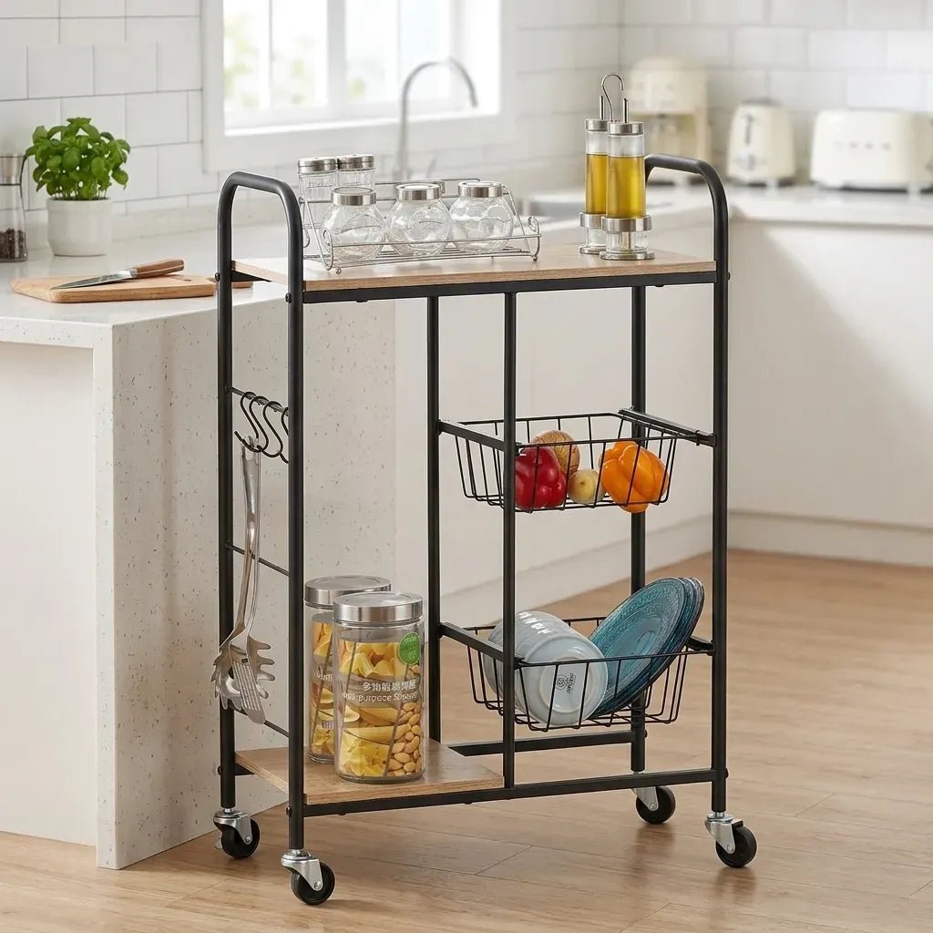 Kitchen Trolley Cart with Wire Baskets Rustic Steel Rolling Cart - Brown - Furniture > Dining > Kitchen & Dining Trolleys - Rivercity House & Home Co. (ABN 18 642 972 209) - Affordable Modern Furniture Australia