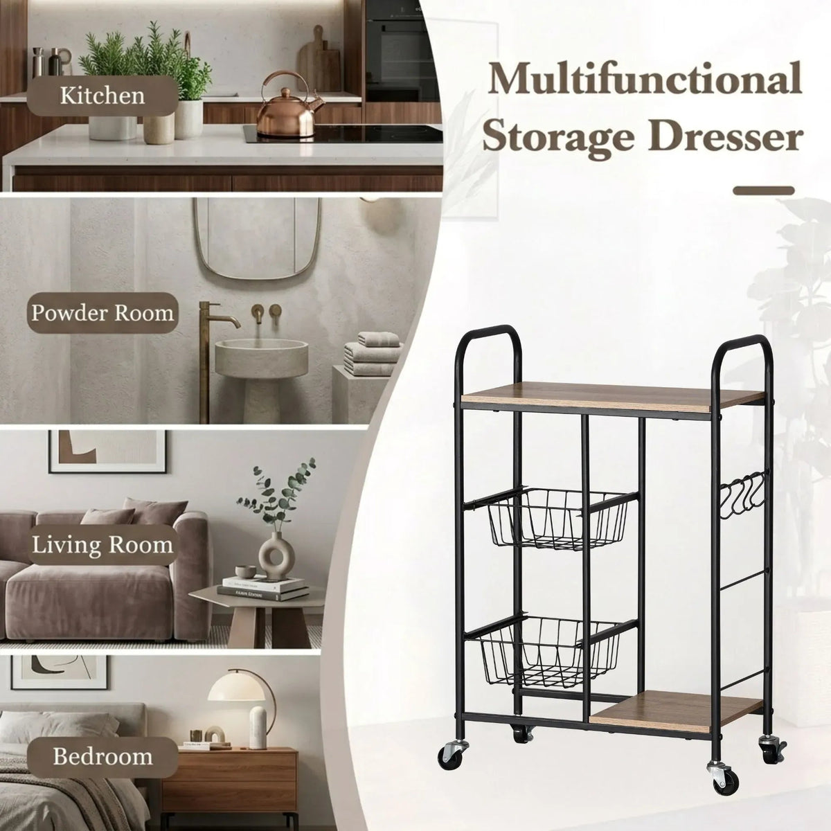 Kitchen Trolley Cart with Wire Baskets Rustic Steel Rolling Cart - Brown - Furniture > Dining > Kitchen & Dining Trolleys - Rivercity House & Home Co. (ABN 18 642 972 209) - Affordable Modern Furniture Australia