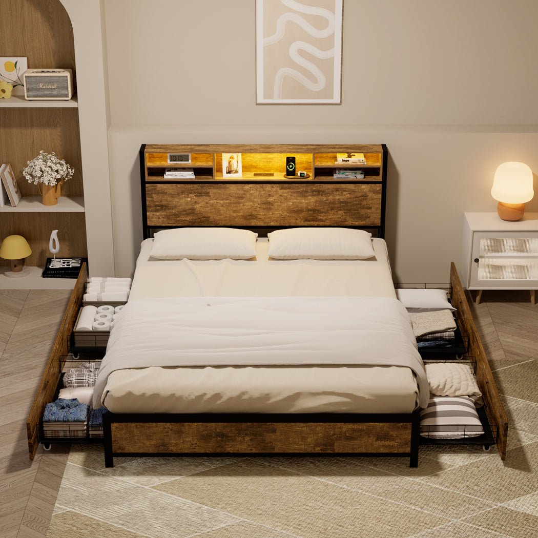 Knoxford King LED Storage Bed Frame – Brown - Rivercity House & Home Co. (ABN 18 642 972 209) - Affordable Modern Furniture Australia