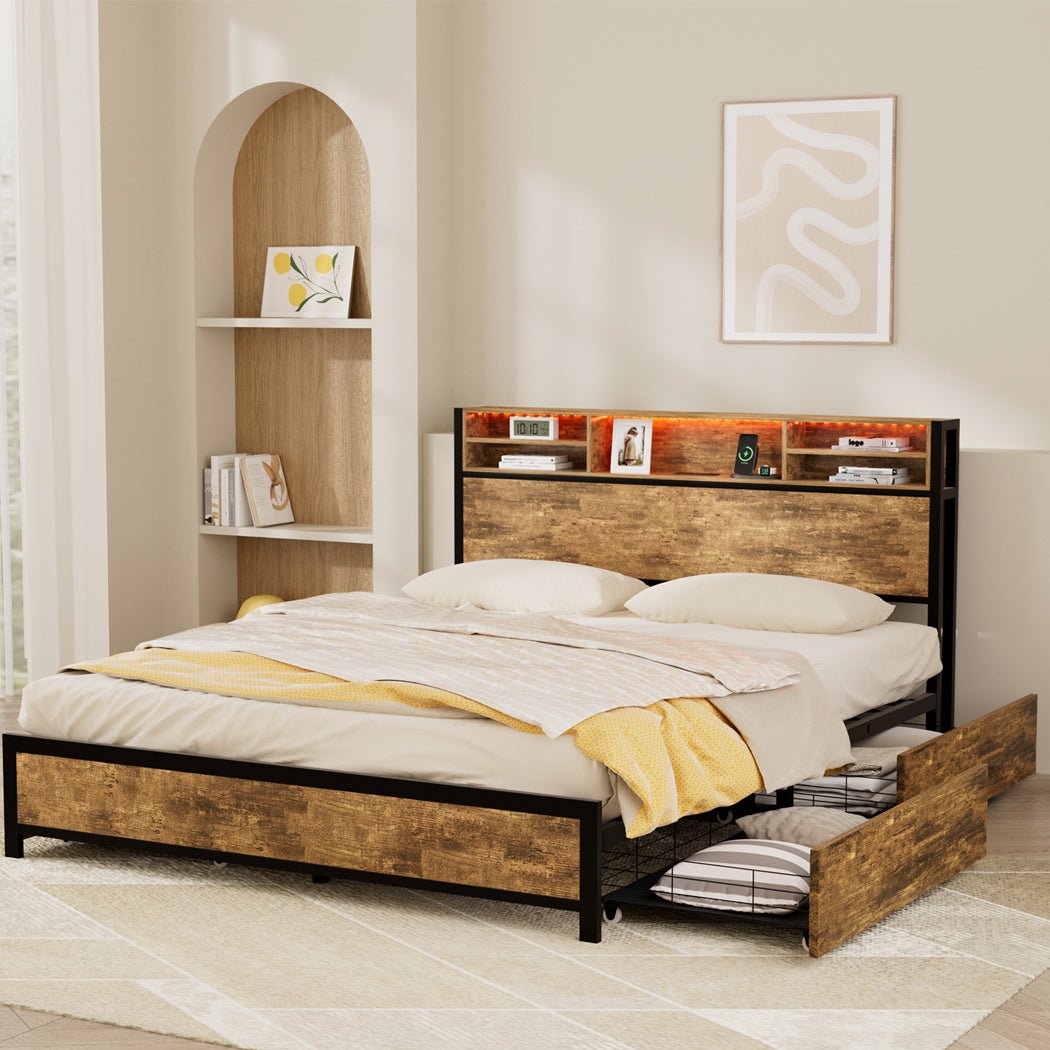 Knoxford King LED Storage Bed Frame – Brown - Rivercity House & Home Co. (ABN 18 642 972 209) - Affordable Modern Furniture Australia