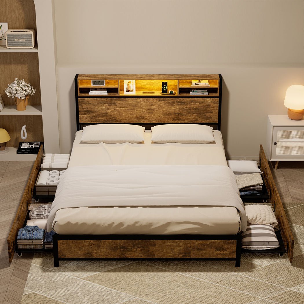 Knoxford Queen LED Storage Bed Frame – Brown - Rivercity House & Home Co. (ABN 18 642 972 209) - Affordable Modern Furniture Australia
