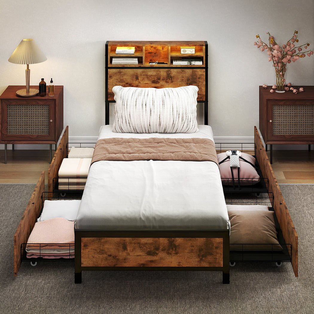 Knoxford Single LED Storage Bed Frame – Brown - Rivercity House & Home Co. (ABN 18 642 972 209) - Affordable Modern Furniture Australia