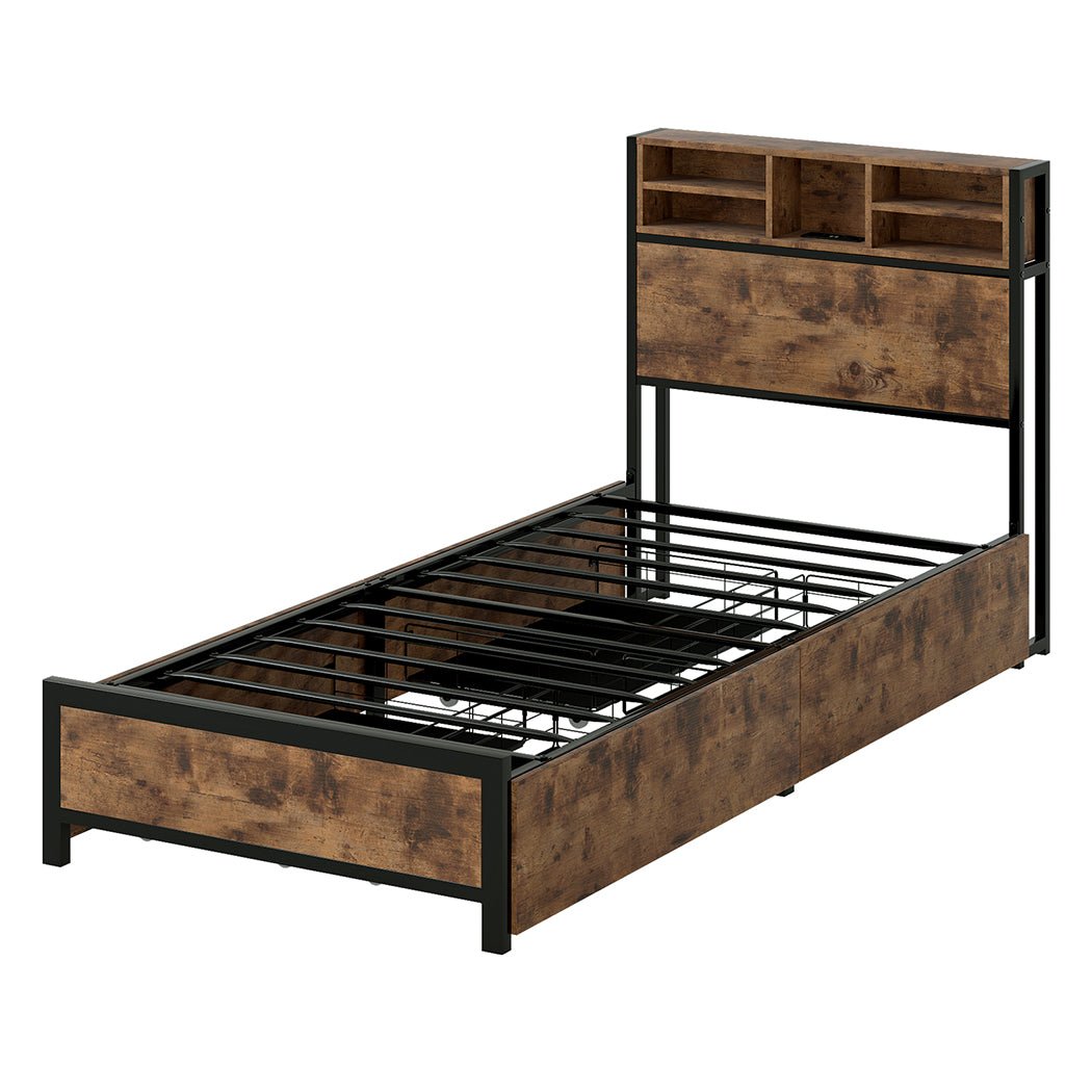 Knoxford Single LED Storage Bed Frame – Brown - Rivercity House & Home Co. (ABN 18 642 972 209) - Affordable Modern Furniture Australia