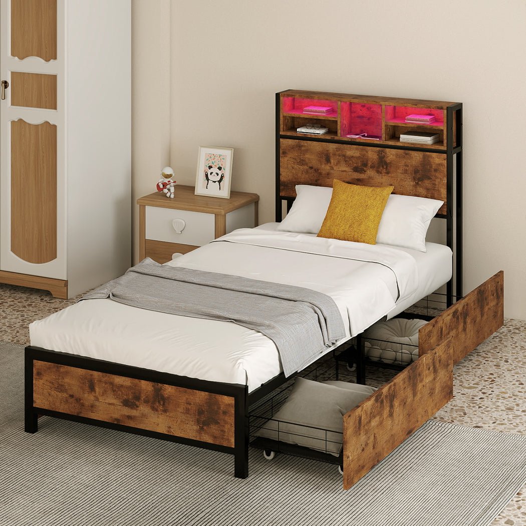 Knoxford Single LED Storage Bed Frame – Brown - Rivercity House & Home Co. (ABN 18 642 972 209) - Affordable Modern Furniture Australia