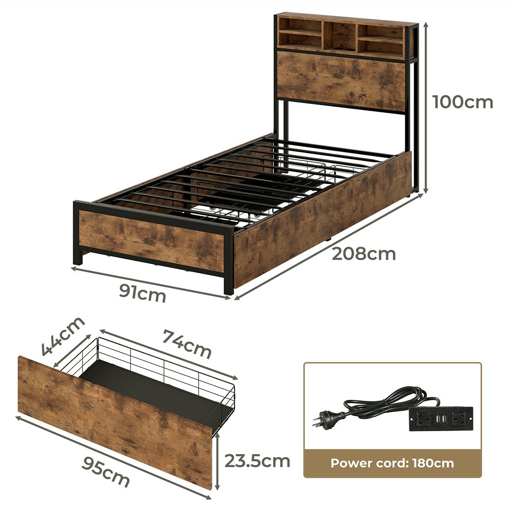 Knoxford Single LED Storage Bed Frame – Brown - Rivercity House & Home Co. (ABN 18 642 972 209) - Affordable Modern Furniture Australia