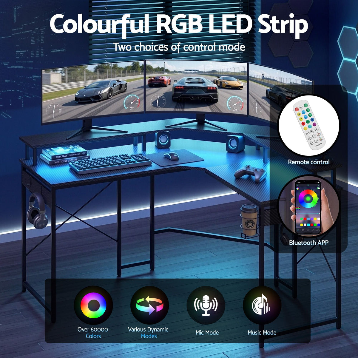 L-Shape Gaming Desk 130cm with RGB LED and Power Outlet - Black - Furniture > Office > Desks - Rivercity House & Home Co. (ABN 18 642 972 209) - Affordable Modern Furniture Australia