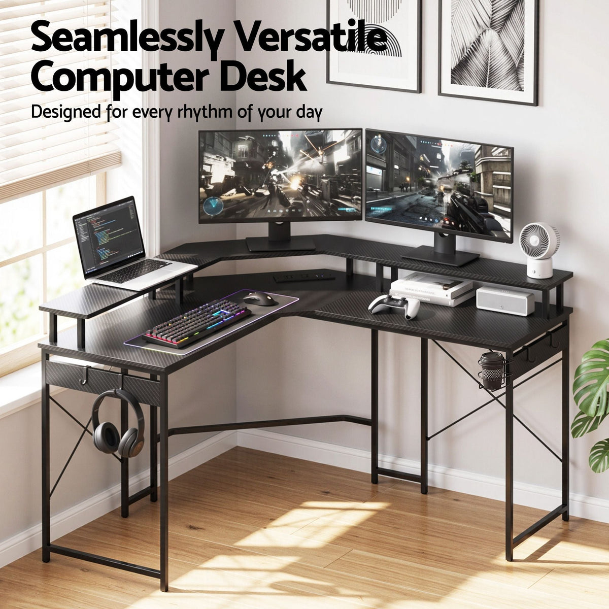 L-Shape Gaming Desk 130cm with RGB LED and Power Outlet - Black - Furniture > Office > Desks - Rivercity House & Home Co. (ABN 18 642 972 209) - Affordable Modern Furniture Australia