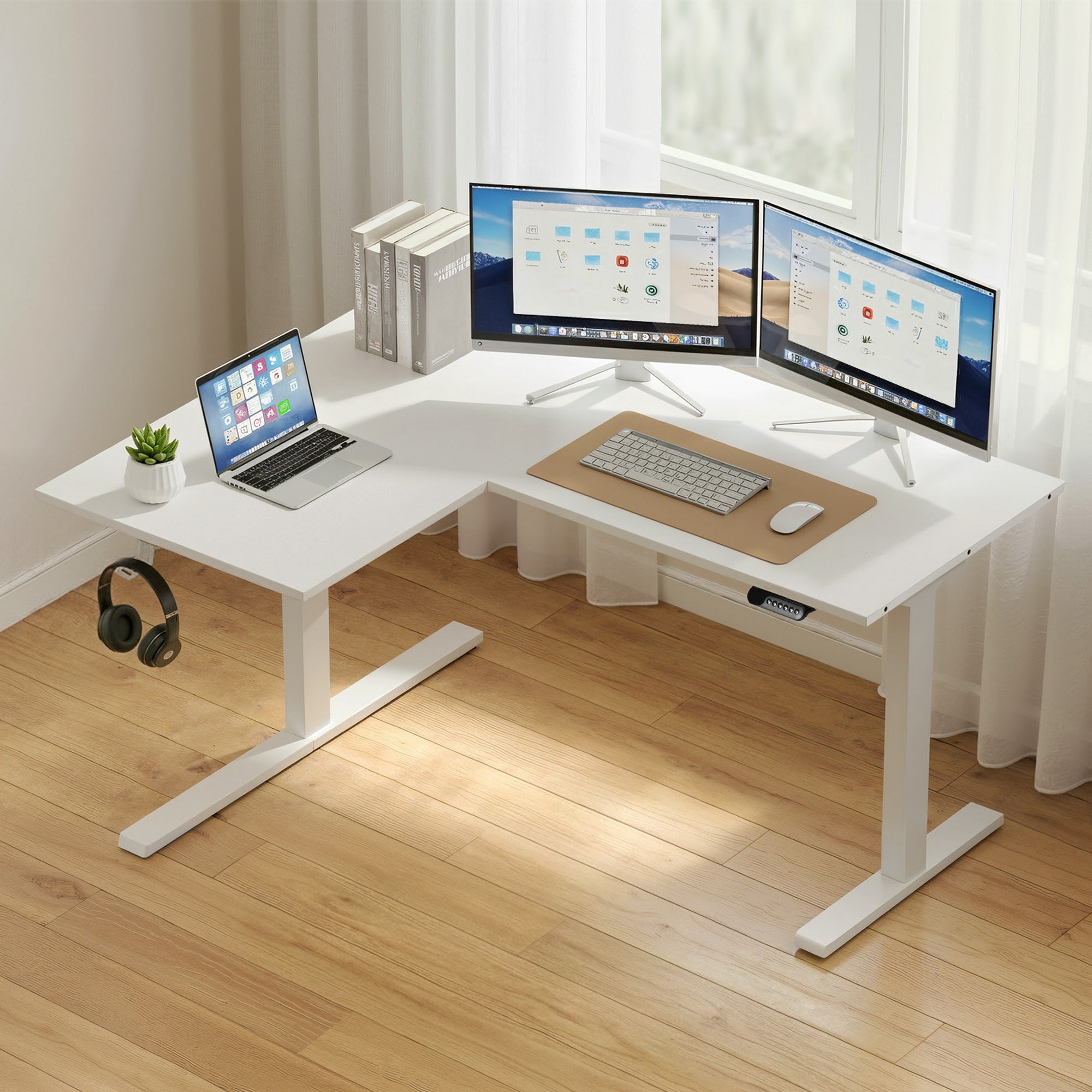 L - Shape Standing Desk Sit Stand Up Height Adjustable Electric Motorised White - Furniture > Office > Desks - Rivercity House & Home Co. (ABN 18 642 972 209) - Affordable Modern Furniture Australia