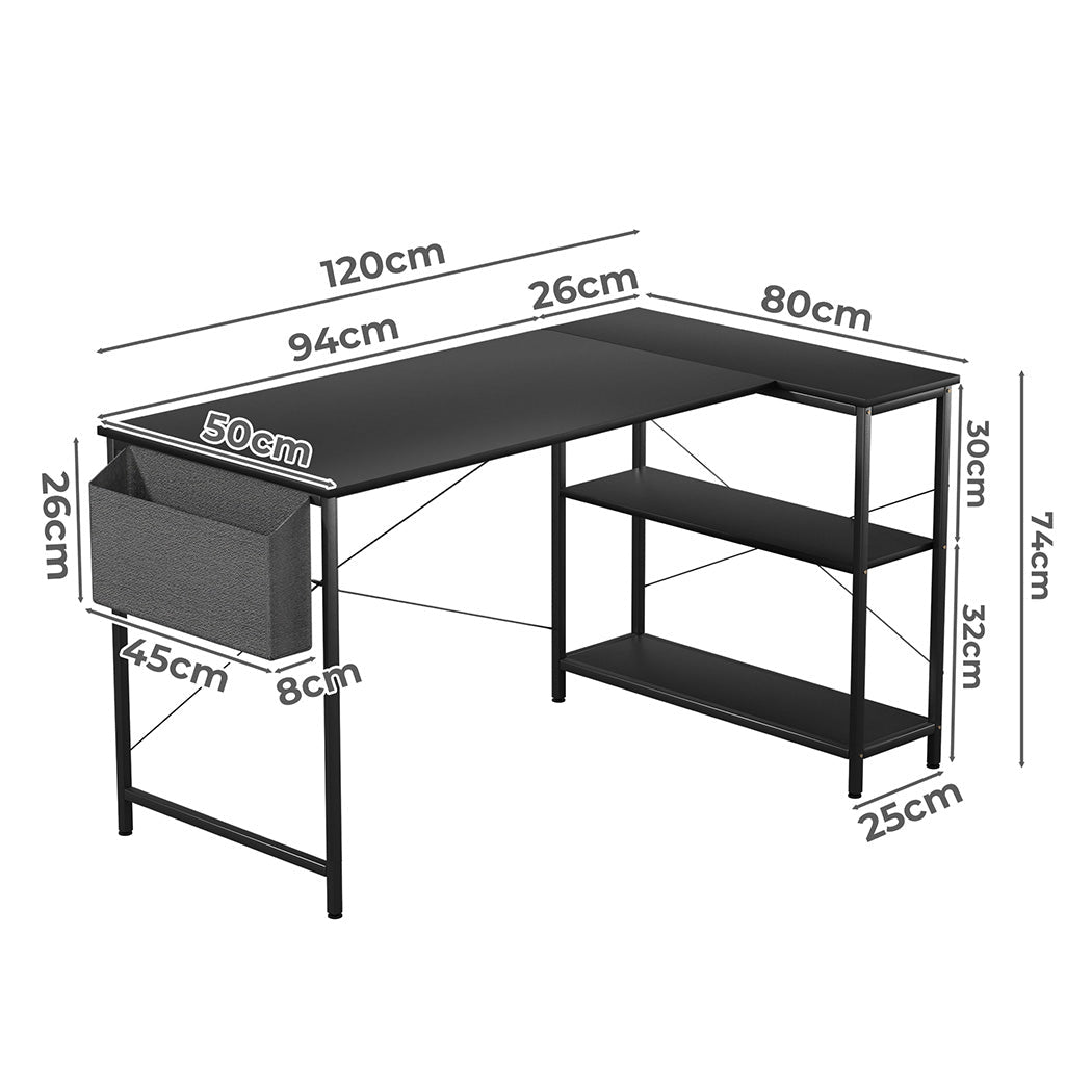 L Shaped Adjustable Computer Desk with Storage Rack - Black - Rivercity House & Home Co. (ABN 18 642 972 209) - Affordable Modern Furniture Australia