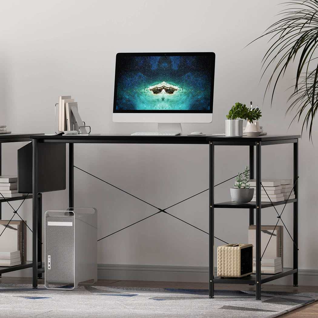 L Shaped Adjustable Computer Desk with Storage Rack - Black - Rivercity House & Home Co. (ABN 18 642 972 209) - Affordable Modern Furniture Australia
