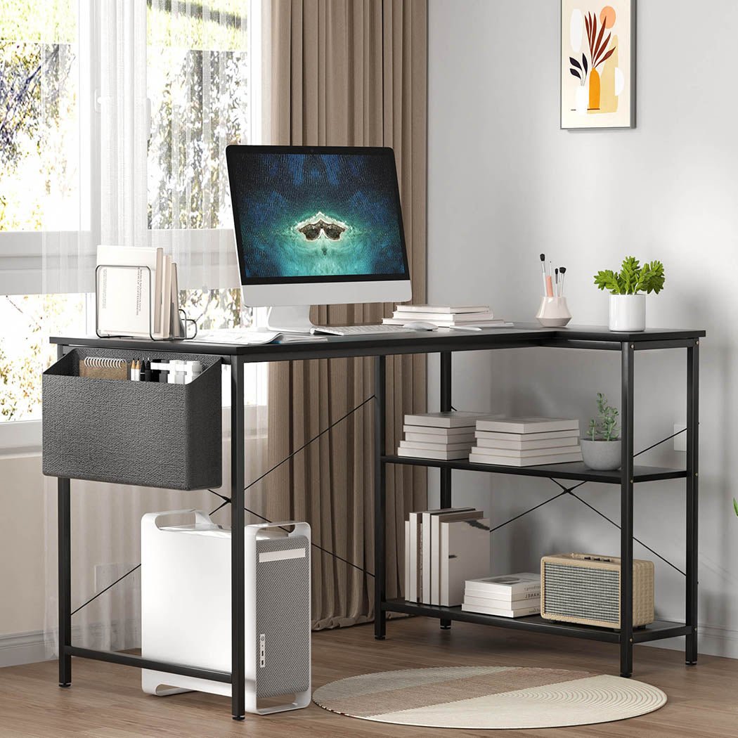L Shaped Adjustable Computer Desk with Storage Rack - Black - Rivercity House & Home Co. (ABN 18 642 972 209) - Affordable Modern Furniture Australia
