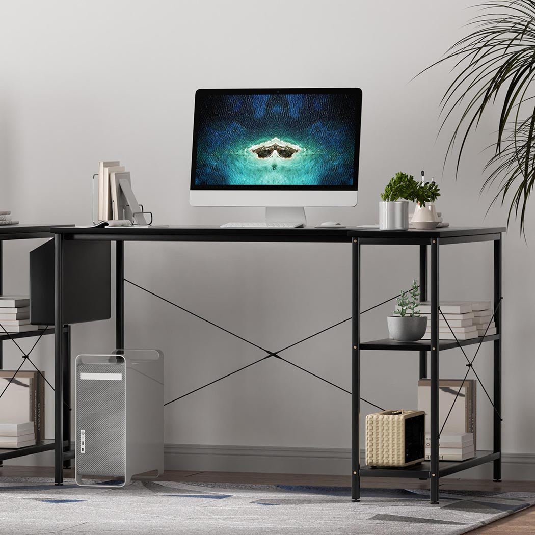 L Shaped Adjustable Height Computer Corner Desk with Storage Rack - Black - Rivercity House & Home Co. (ABN 18 642 972 209) - Affordable Modern Furniture Australia