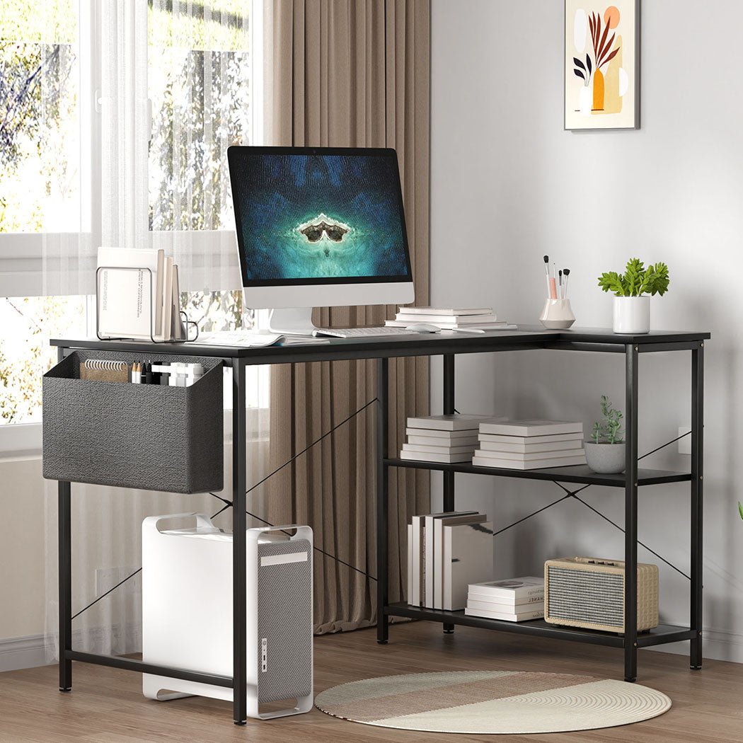 L Shaped Adjustable Height Computer Corner Desk with Storage Rack - Black - Rivercity House & Home Co. (ABN 18 642 972 209) - Affordable Modern Furniture Australia