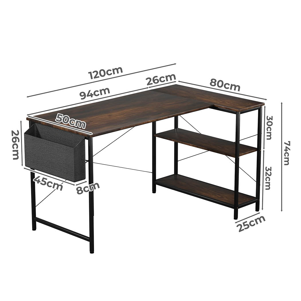 L Shaped Adjustable Height Computer Corner Desk with Storage Rack - Brown - Rivercity House & Home Co. (ABN 18 642 972 209) - Affordable Modern Furniture Australia