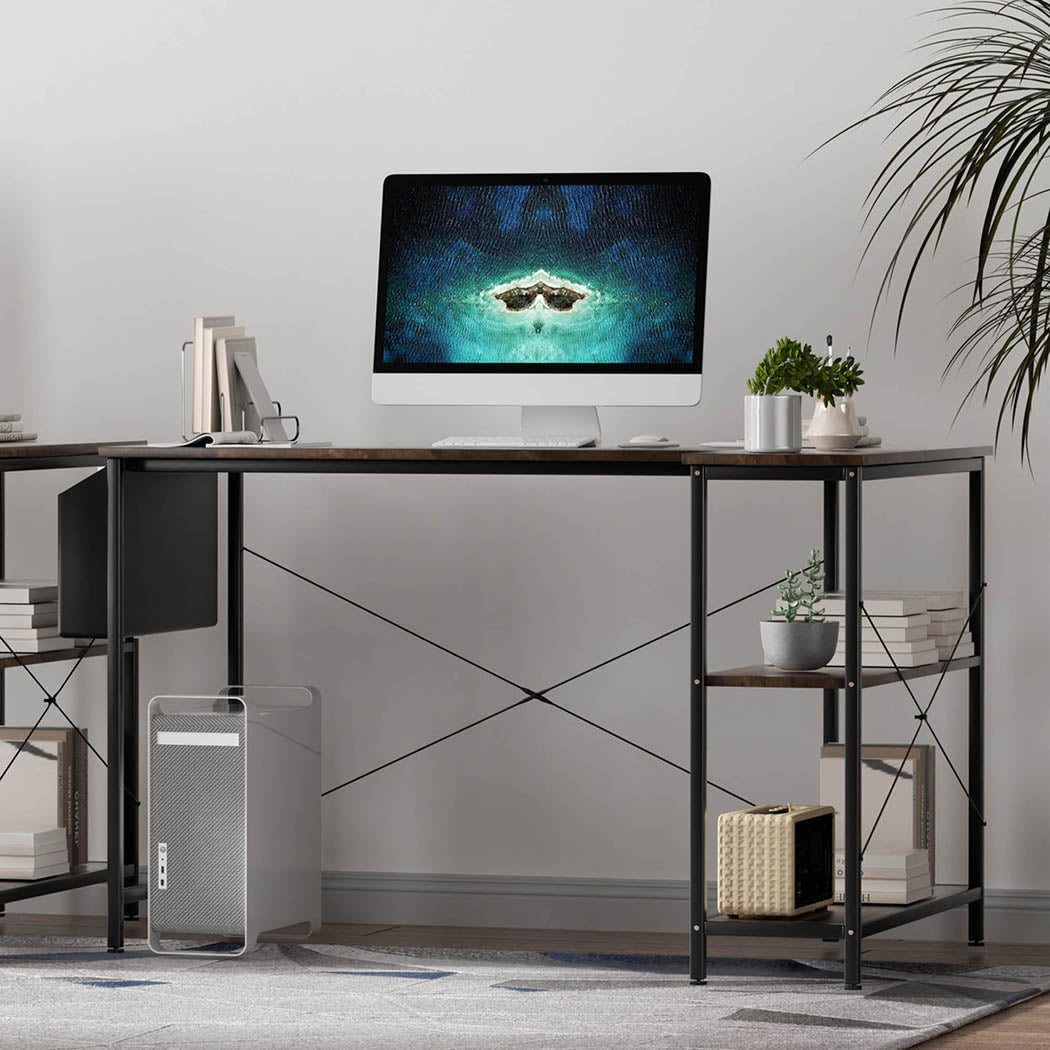 L Shaped Adjustable Height Computer Corner Desk with Storage Rack - Brown - Rivercity House & Home Co. (ABN 18 642 972 209) - Affordable Modern Furniture Australia