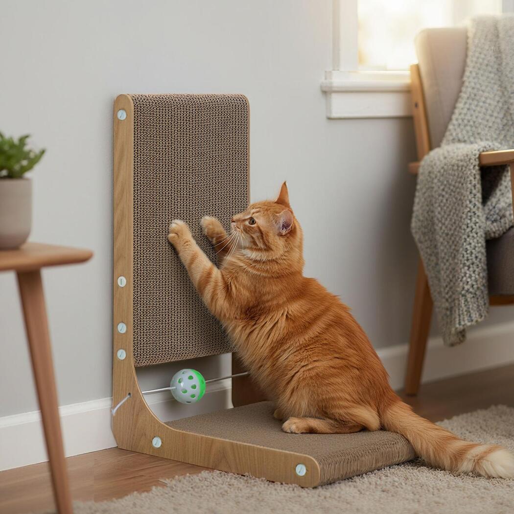 L - Shaped Cat Scratching Board with Toy Ball - Brown - Rivercity House & Home Co. (ABN 18 642 972 209) - Affordable Modern Furniture Australia