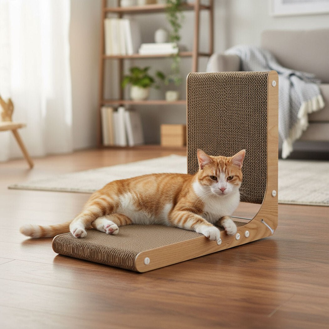 L - Shaped Cat Scratching Board with Toy Ball - Brown - Rivercity House & Home Co. (ABN 18 642 972 209) - Affordable Modern Furniture Australia
